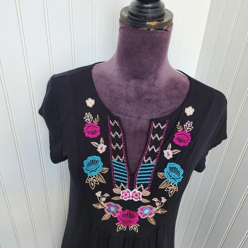 Design History Dress Womens Black Jersey Stretch Knit Floral Embroidered Sz S